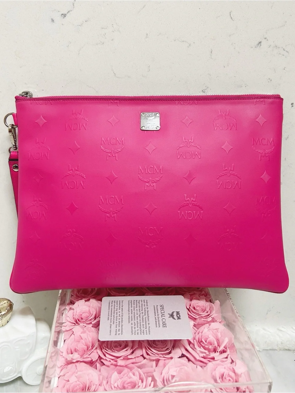 Authentic MCM Barbie Pink XL Wristlet Pouch / Clutch Bag